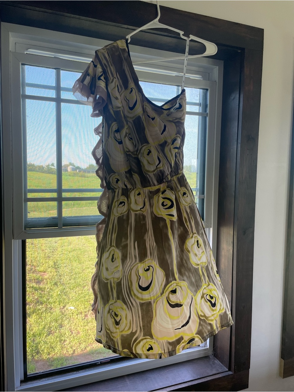 Prairie New York Taupe, Olive Green & Yellow One-Shoulder Floral Dress